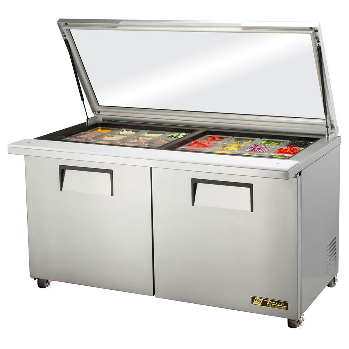 True TSSU-60-24M-B-ST-FGLID-HC sandwich/salad prep table, front angle view, flat glass lid open with ingredients in the pans