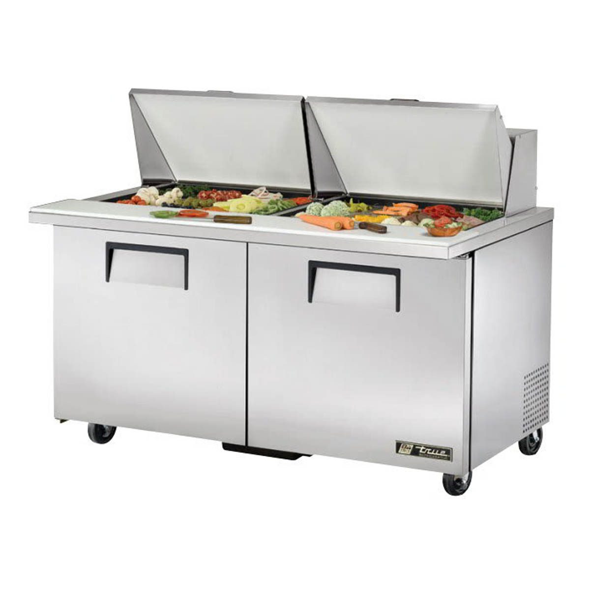True TSSU-60-24M-B-ST-HC sandwich/salad prep table, front angle view, lids open with ingredients in the pans