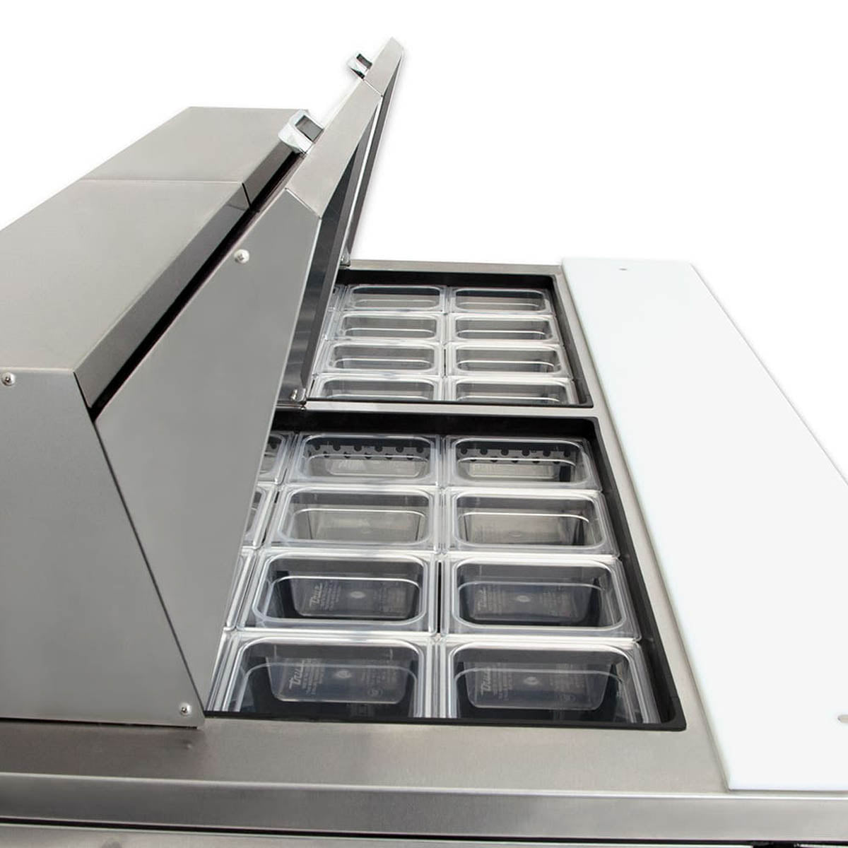 True TSSU-60-24M-B-ST-HC sandwich/salad prep table, close-up of the pan rows under the raised lid