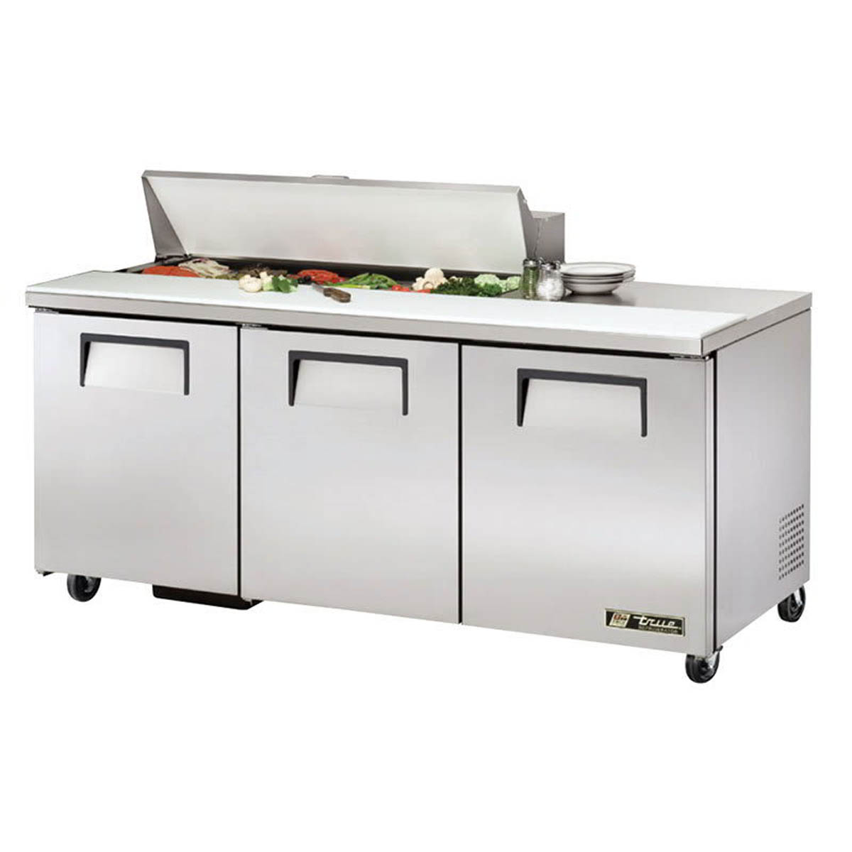 True TSSU-72-12-HC sandwich/salad prep table, front angle view, lid open with ingredients in the pans