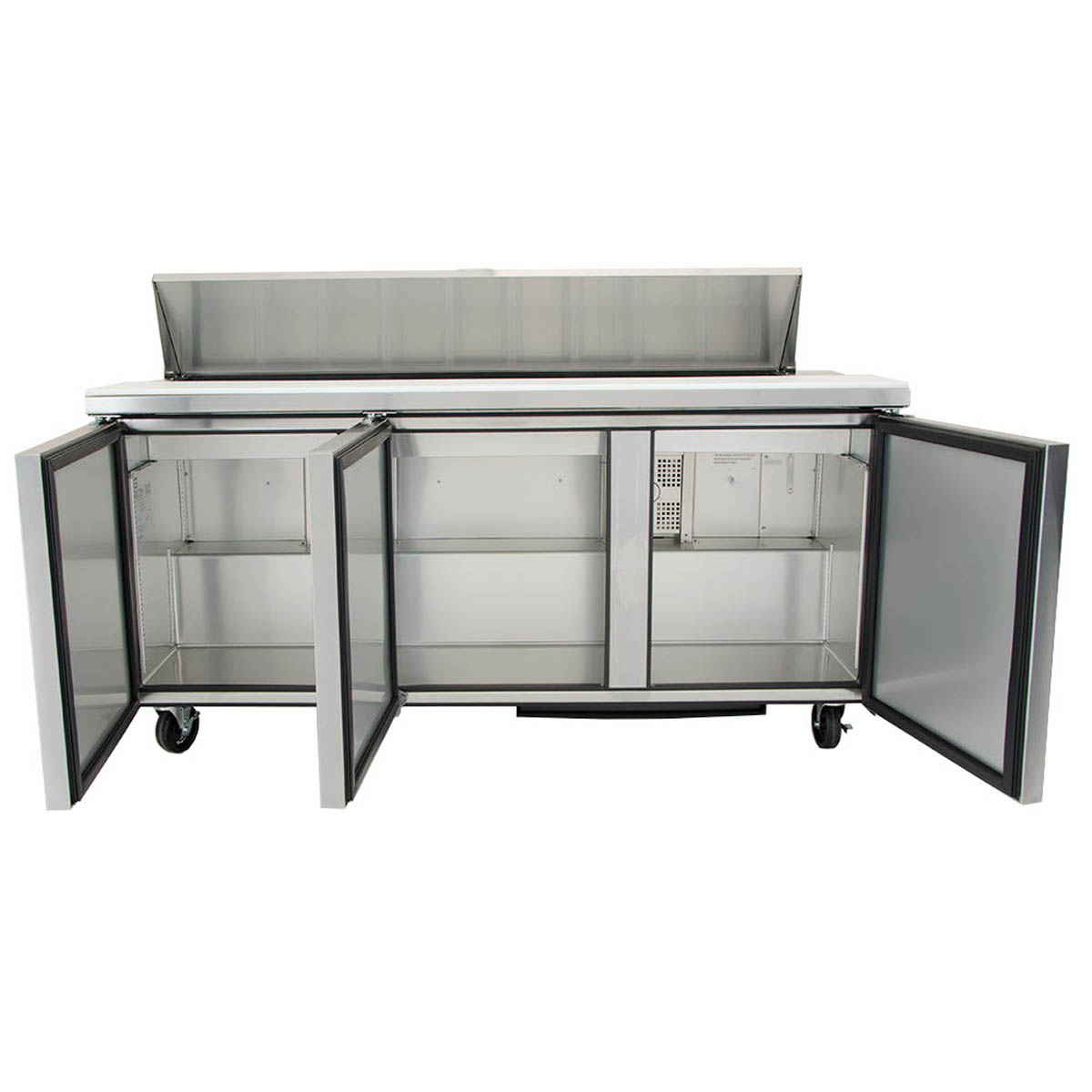 True TSSU-72-18-HC sandwich/salad prep table, front view with all three doors open