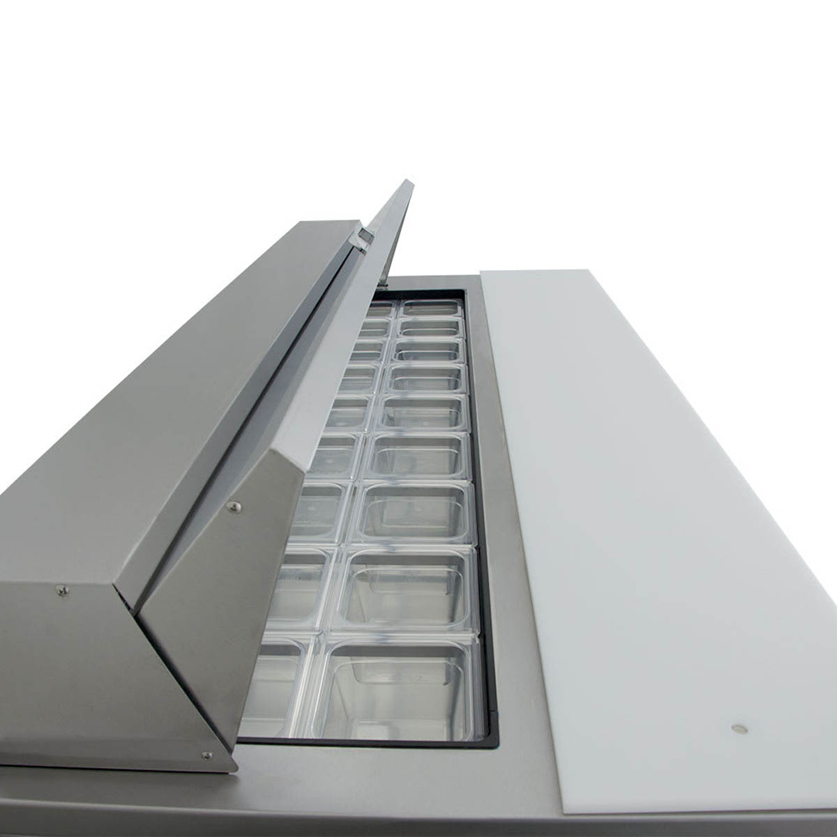 True TSSU-72-18-HC sandwich/salad prep table, close-up of the raised lid and pan rows