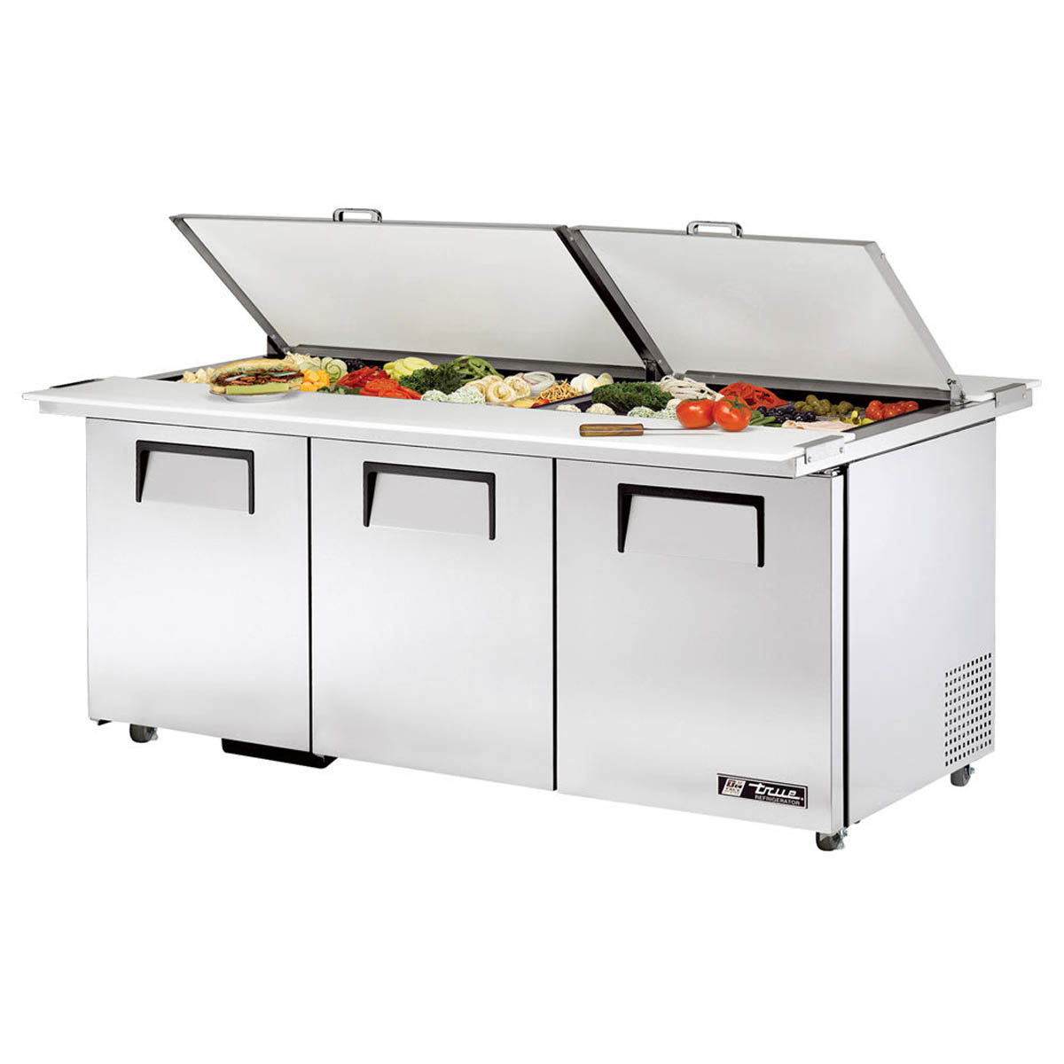 True TSSU-72-30M-B-DS-ST-HC dual-sided sandwich/salad prep table, front angle view, lid open with ingredients in the pans