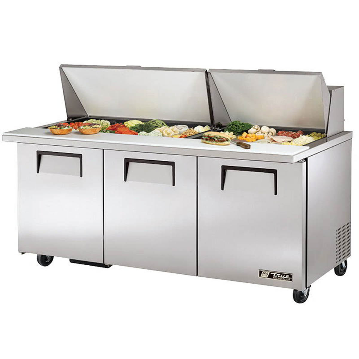True TSSU-72-30M-B-ST-HC sandwich/salad prep table, front angle view, lids open with ingredients in the pans