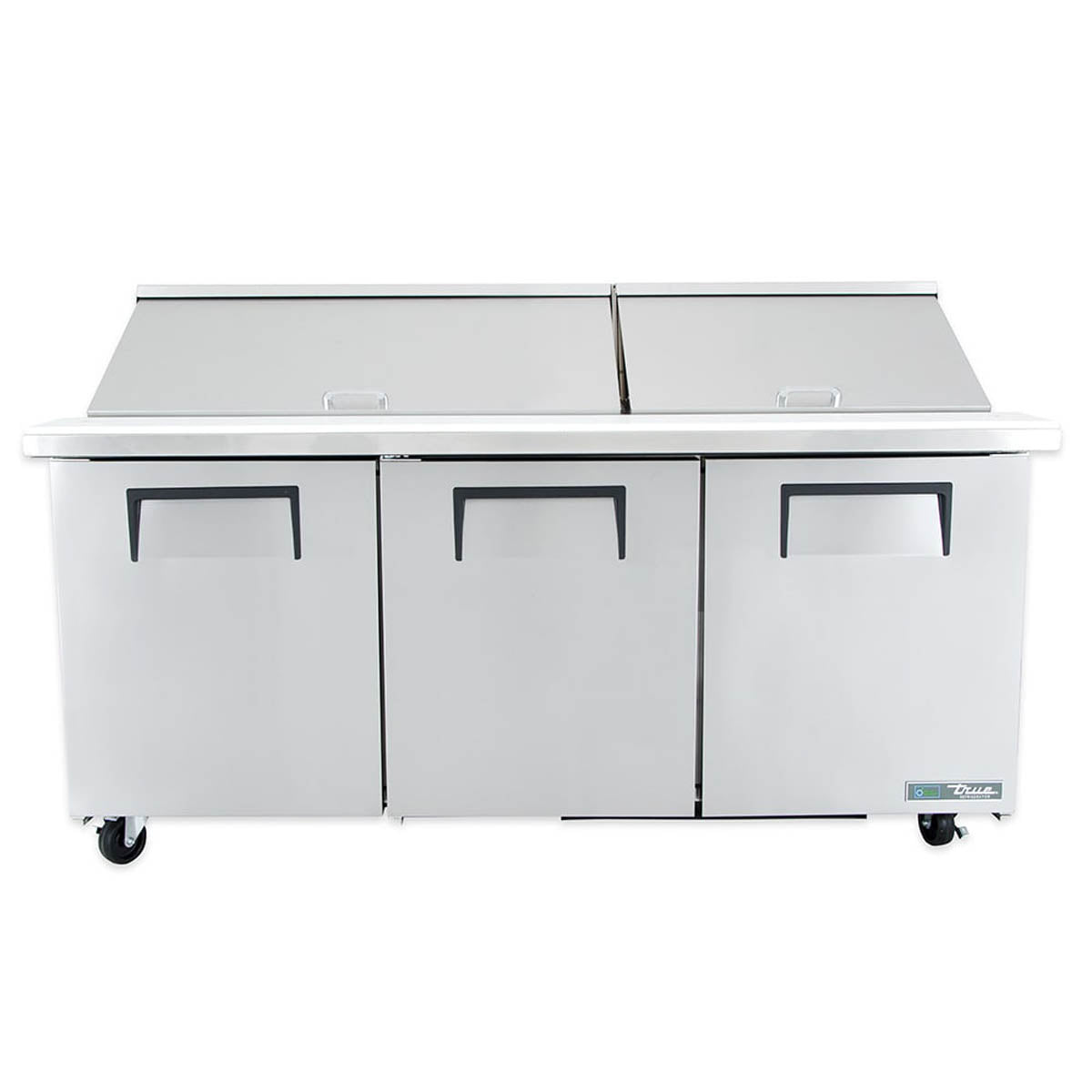 True TSSU-72-30M-B-ST-HC sandwich/salad prep table, front view, lids closed
