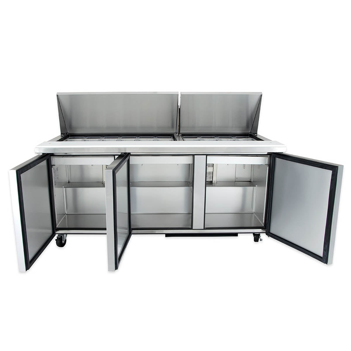 True TSSU-72-30M-B-ST-HC sandwich/salad prep table, front view with all three doors open