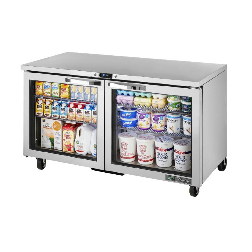 True TUC-60G-HC~SPEC3 2-door glass undercounter refrigerator, front angle view, product on the shelves
