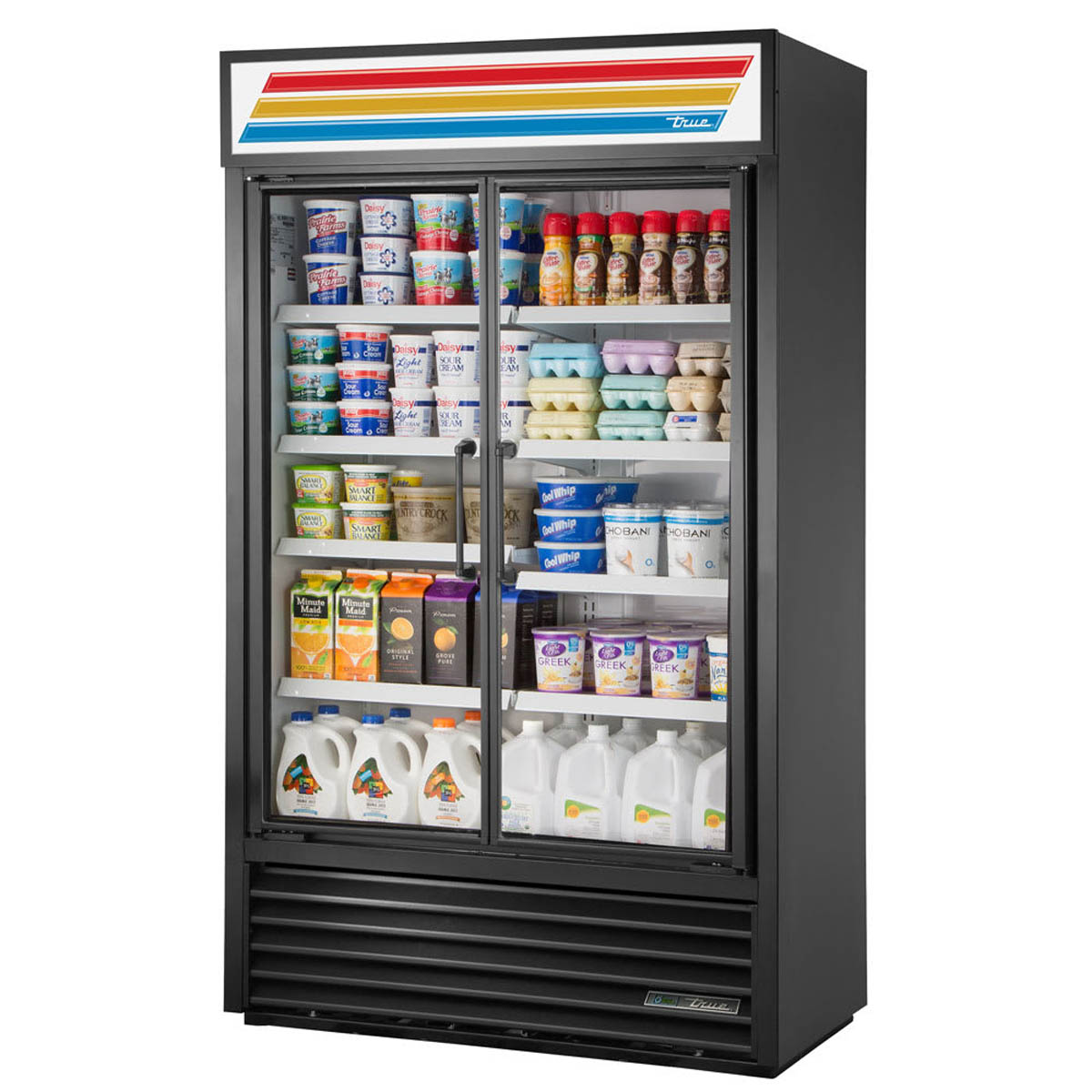 True TVM-48-HC~VM01 2-door visual merchandiser, front angle view, stocked with product