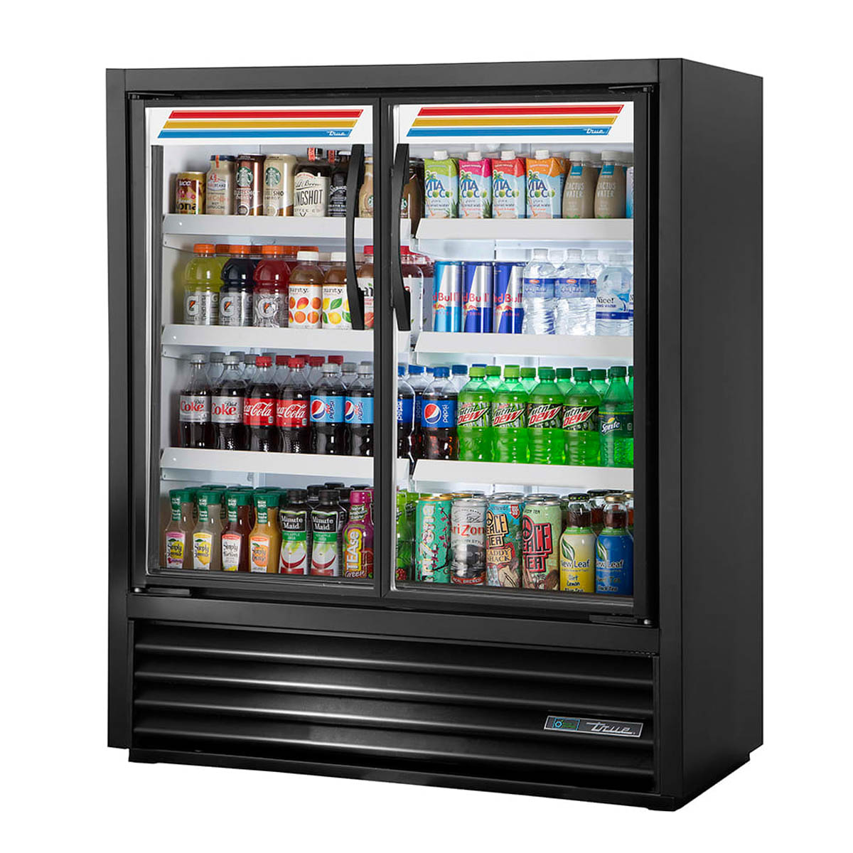 True TVM-48SL-54-HC~VM01 2-door visual merchandiser, front angle view, stocked with drinks