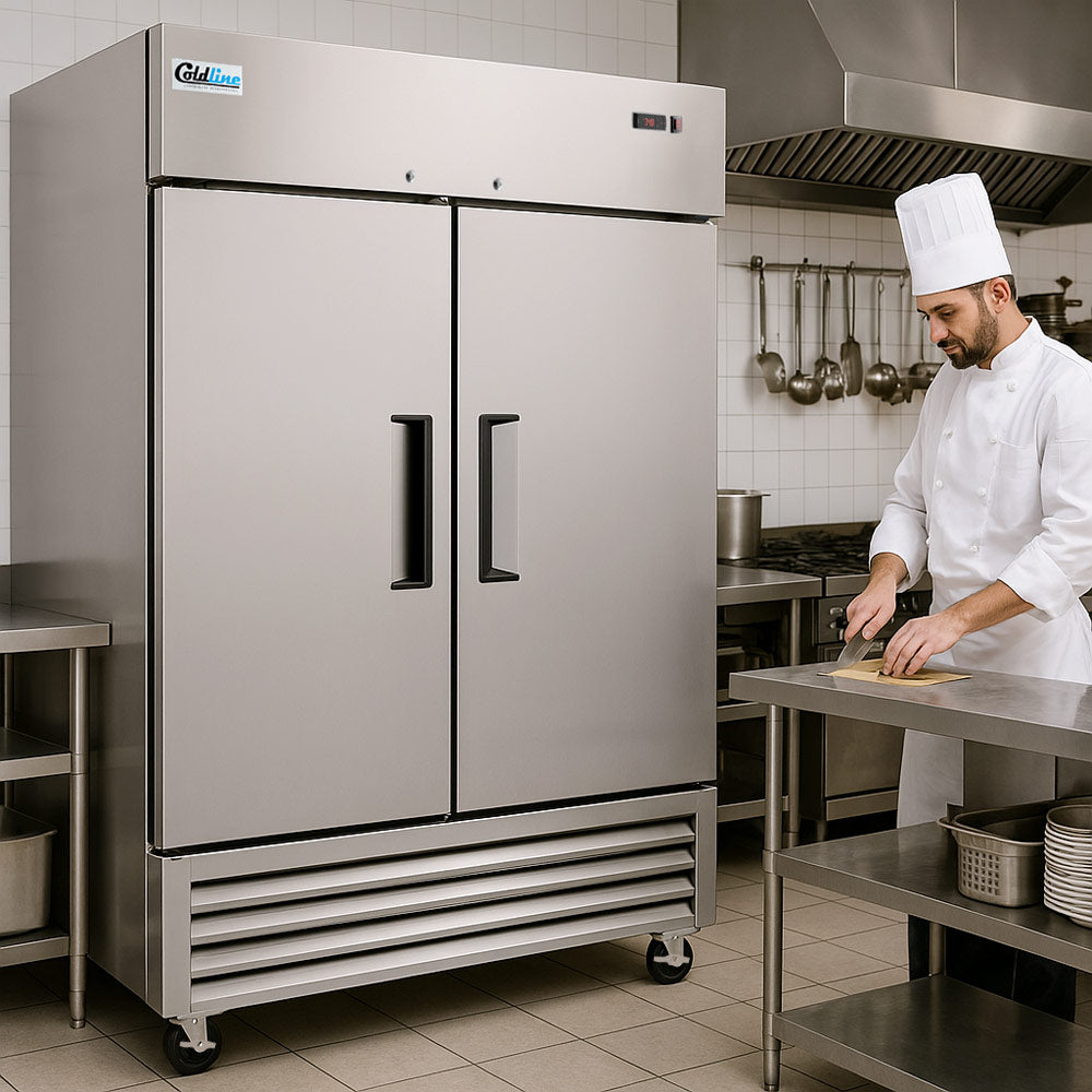 Coldline C-2RE solid door reach-in refrigerator, in a commercial kitchen (representative image)