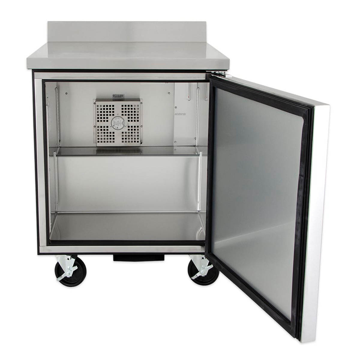 True TWT-27F-HC 1-door worktop freezer, front view with door open, shelves inside