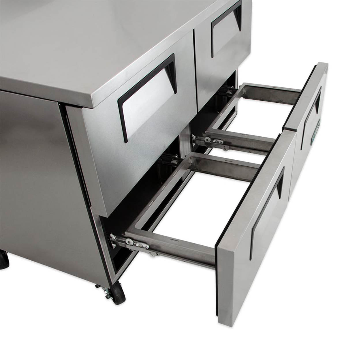 True TWT-48D-4-HC 4-drawer worktop refrigerator, close-up of an open drawer on stainless steel slides