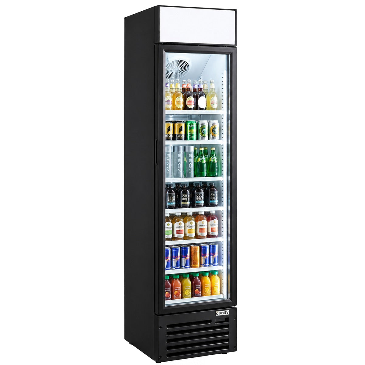 Unity U-17M glass door merchandiser refrigerator, stocked with drinks, front angle view