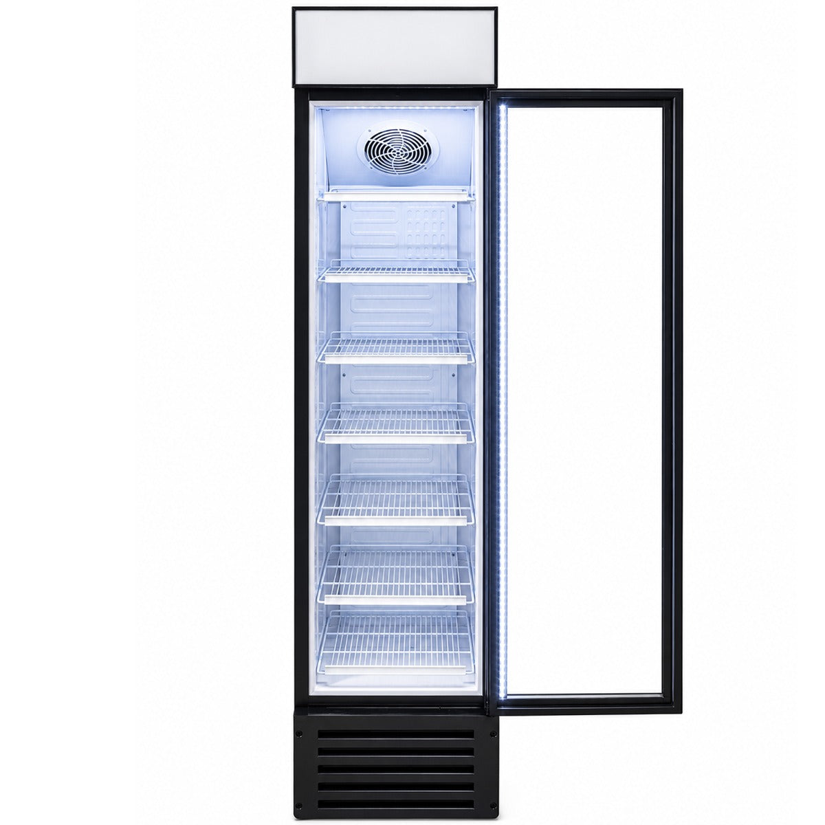 Unity U-17M glass door merchandiser refrigerator, door open, empty