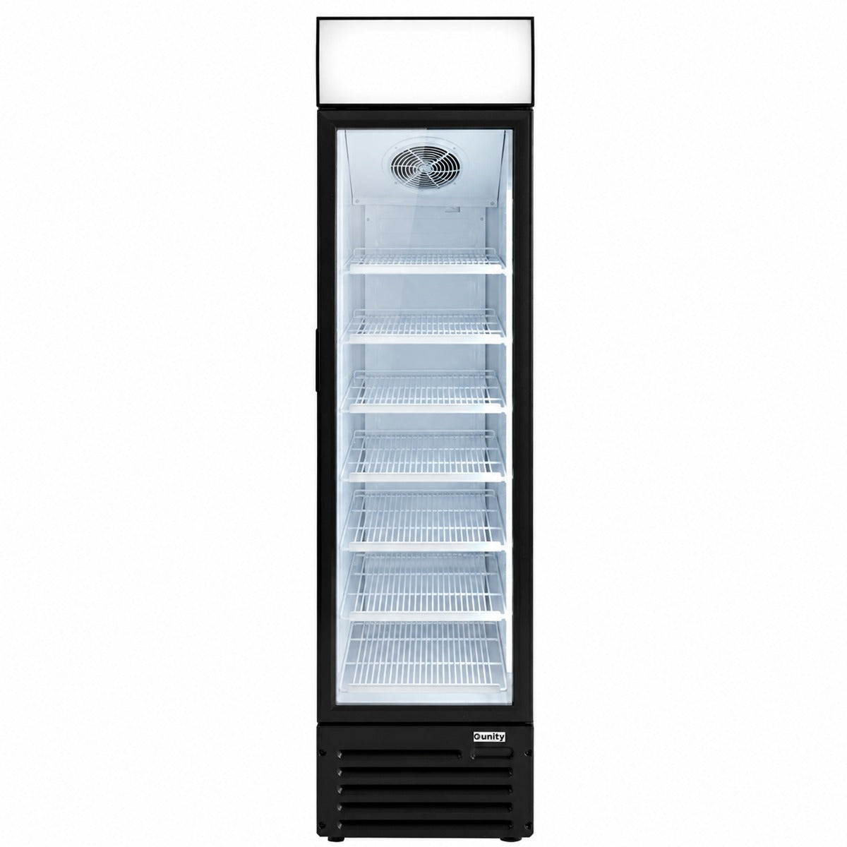Unity U-17M glass door merchandiser refrigerator, empty, front view