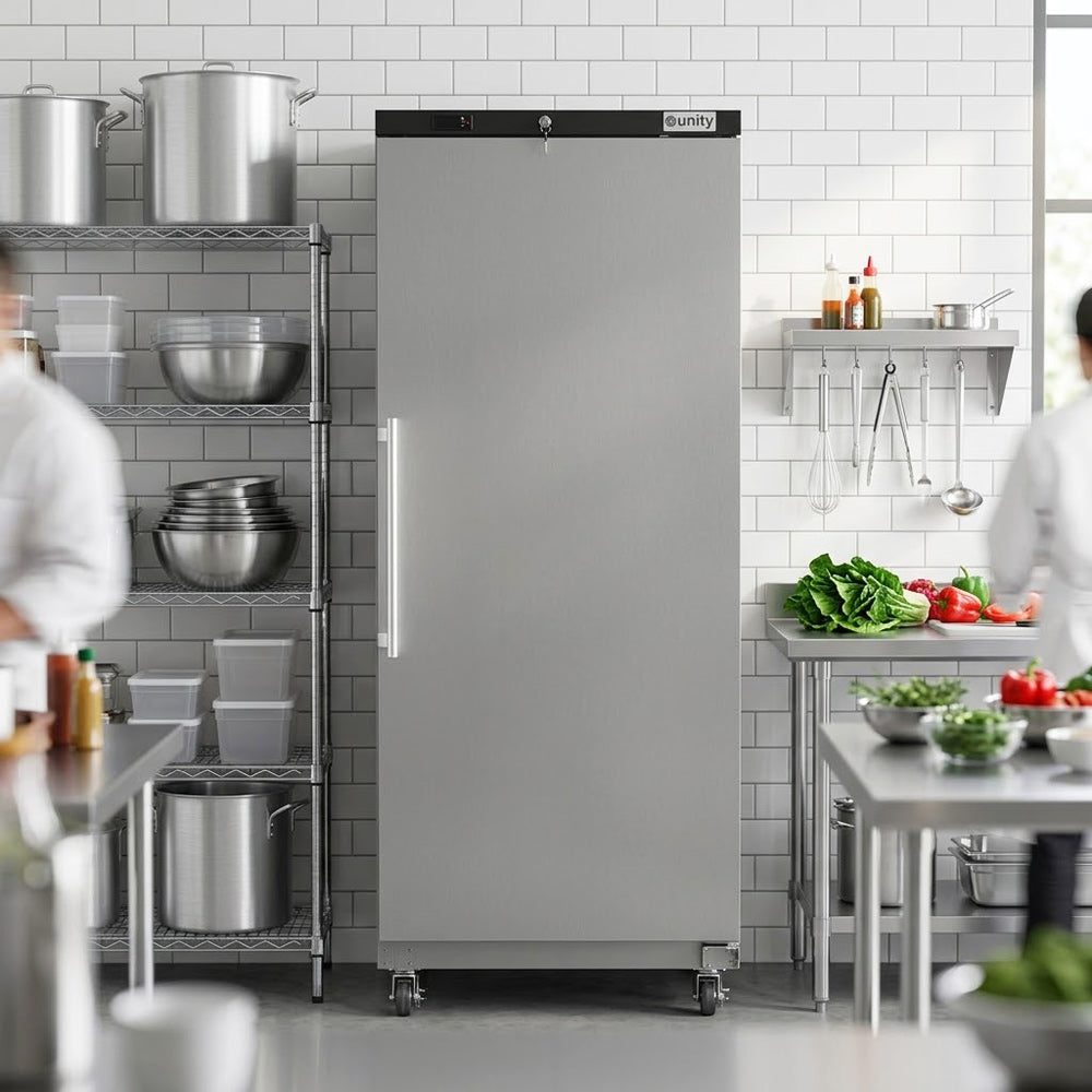 Unity U-22FE solid door reach-in freezer, in a commercial kitchen