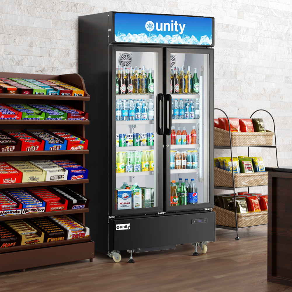 Unity U-40M two glass door merchandiser refrigerator, stocked with drinks in a store