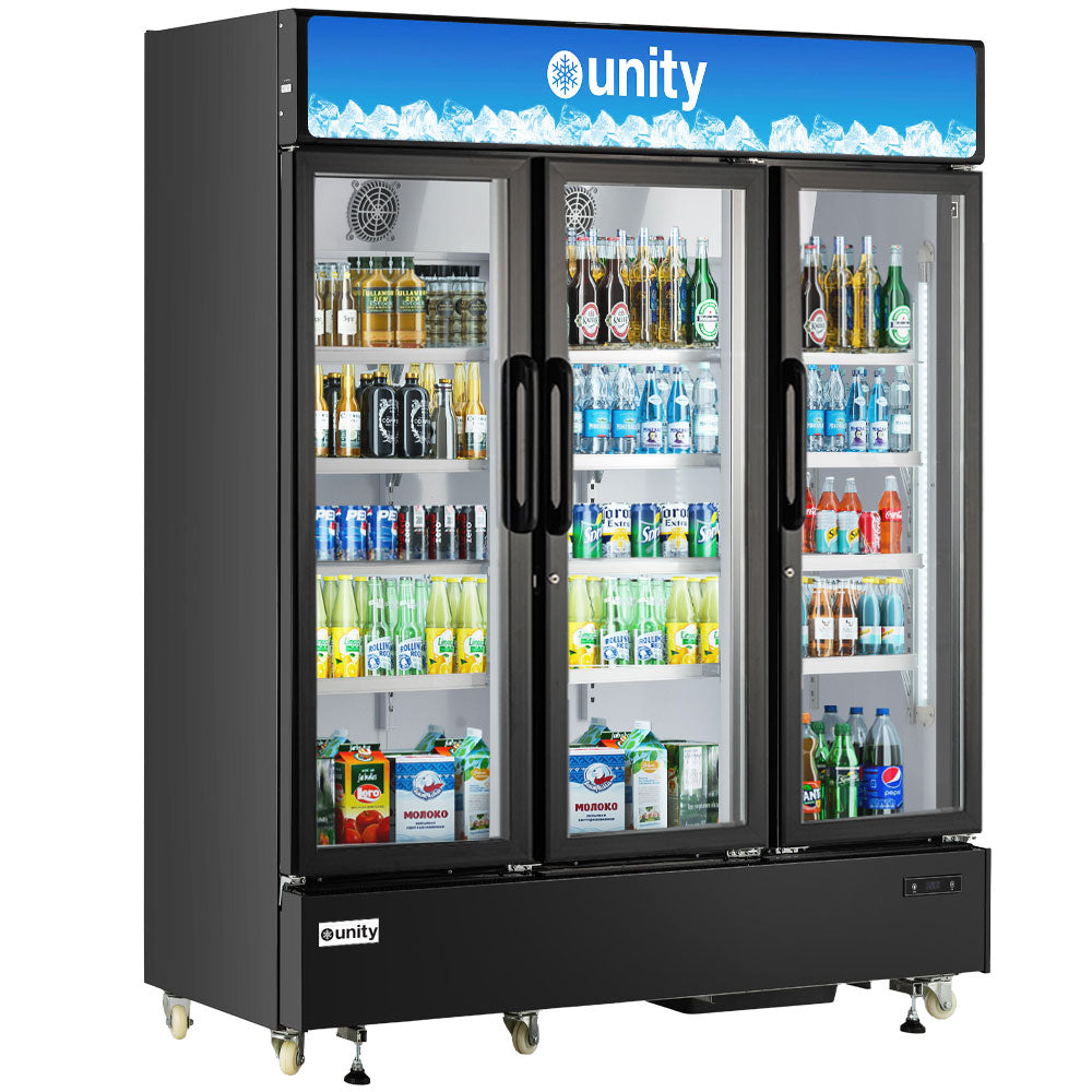 Unity U-72M three glass door merchandiser refrigerator, stocked with drinks, front view