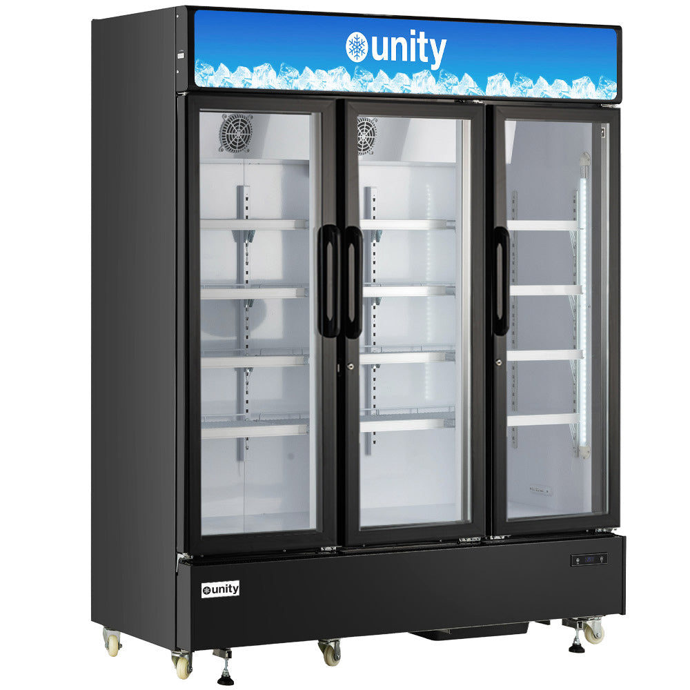 Unity U-72M three glass door merchandiser refrigerator, empty, front view