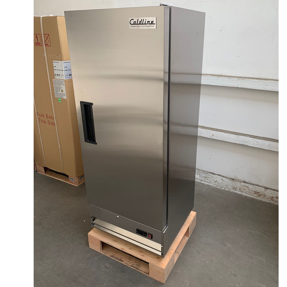 Coldline C12F solid door reach-in freezer, on its shipping pallet (representative image)