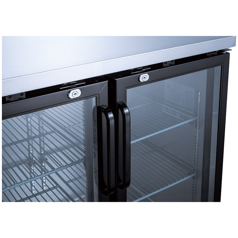 Coldline CBB-48G black swing glass door back bar cooler, glass doors with locks, close-up