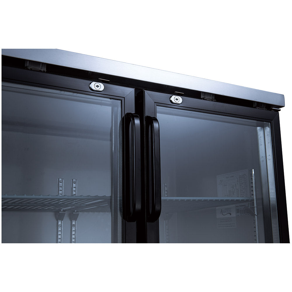 Coldline CBB-48G black swing glass door back bar cooler, door handles and locks, close-up