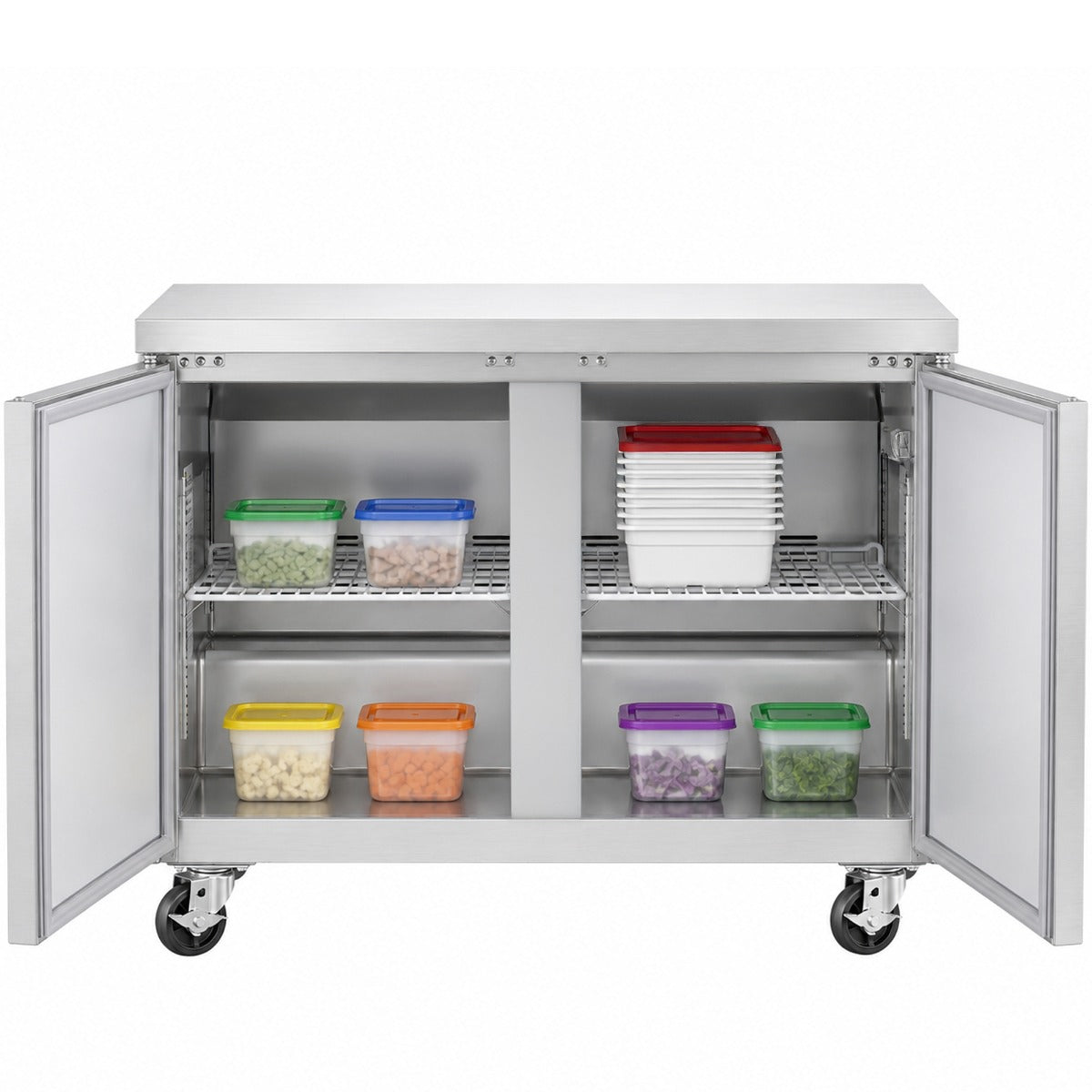 Coldline UC-48R undercounter worktop refrigerator, doors open with food containers (representative image)