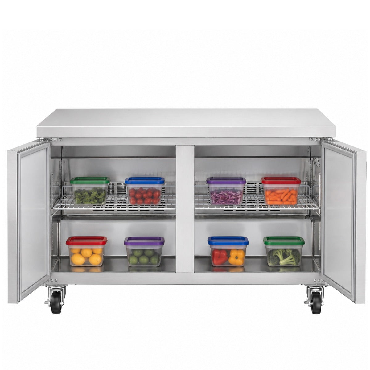Coldline UC-60F undercounter worktop freezer, doors open with food containers (representative image)