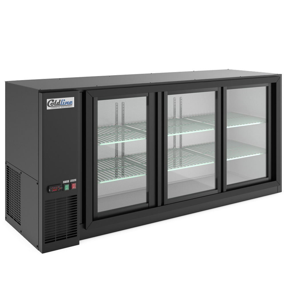 Coldline CBB-72G-SL-T black sliding glass door back bar cooler, angled front view