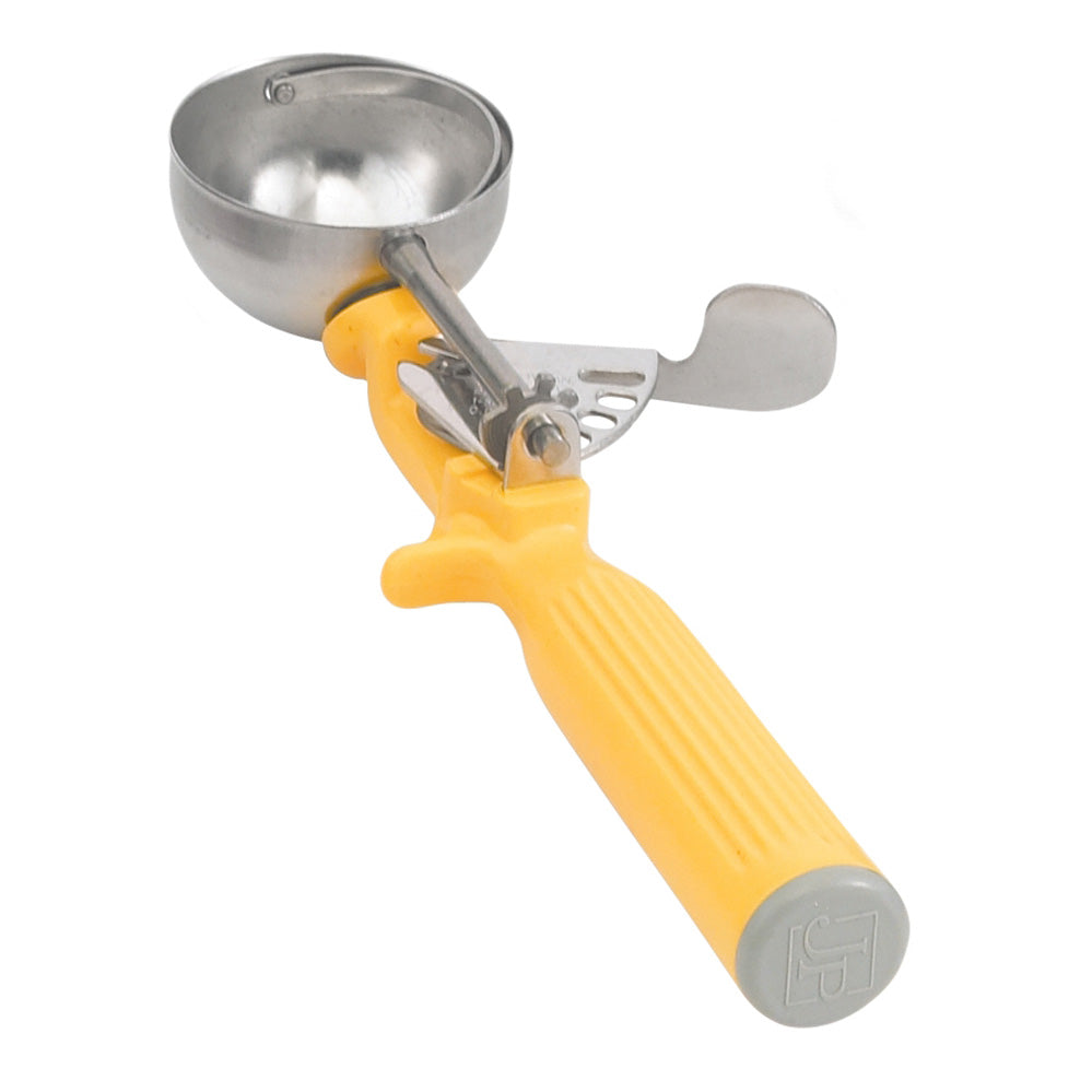 Vollrath 47144 Disher, Round Bowl, Size 20, 1-5/8 Oz, Stainless Steel, Yellow Handle — Case of 12 pieces