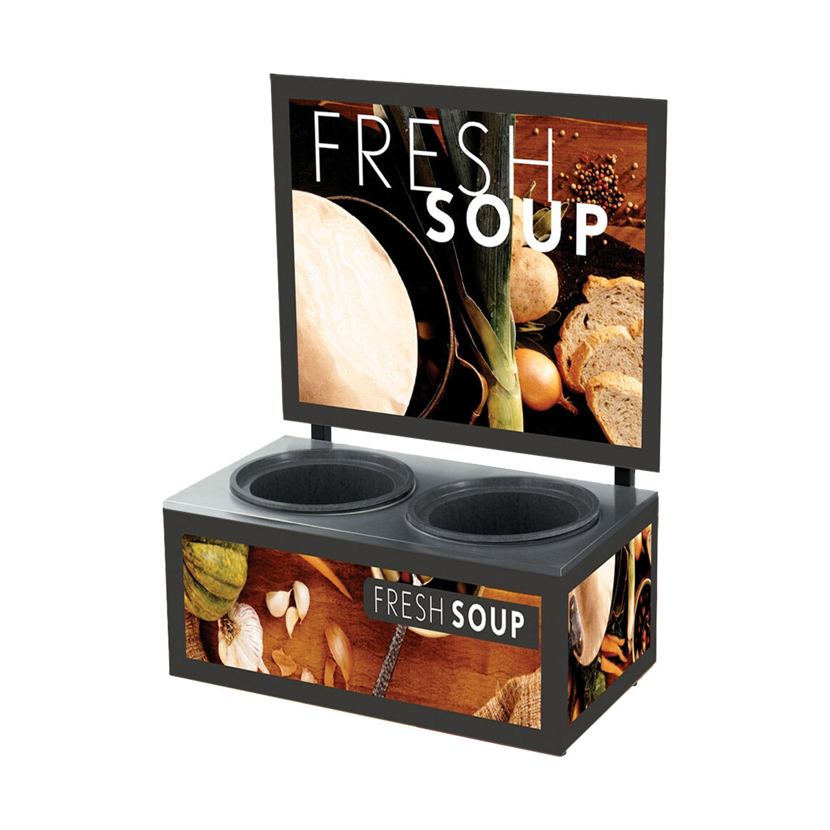Vollrath 7203102 Cayenne Twin Well Soup Merchandiser with Menu Board & Tuscan Graphics