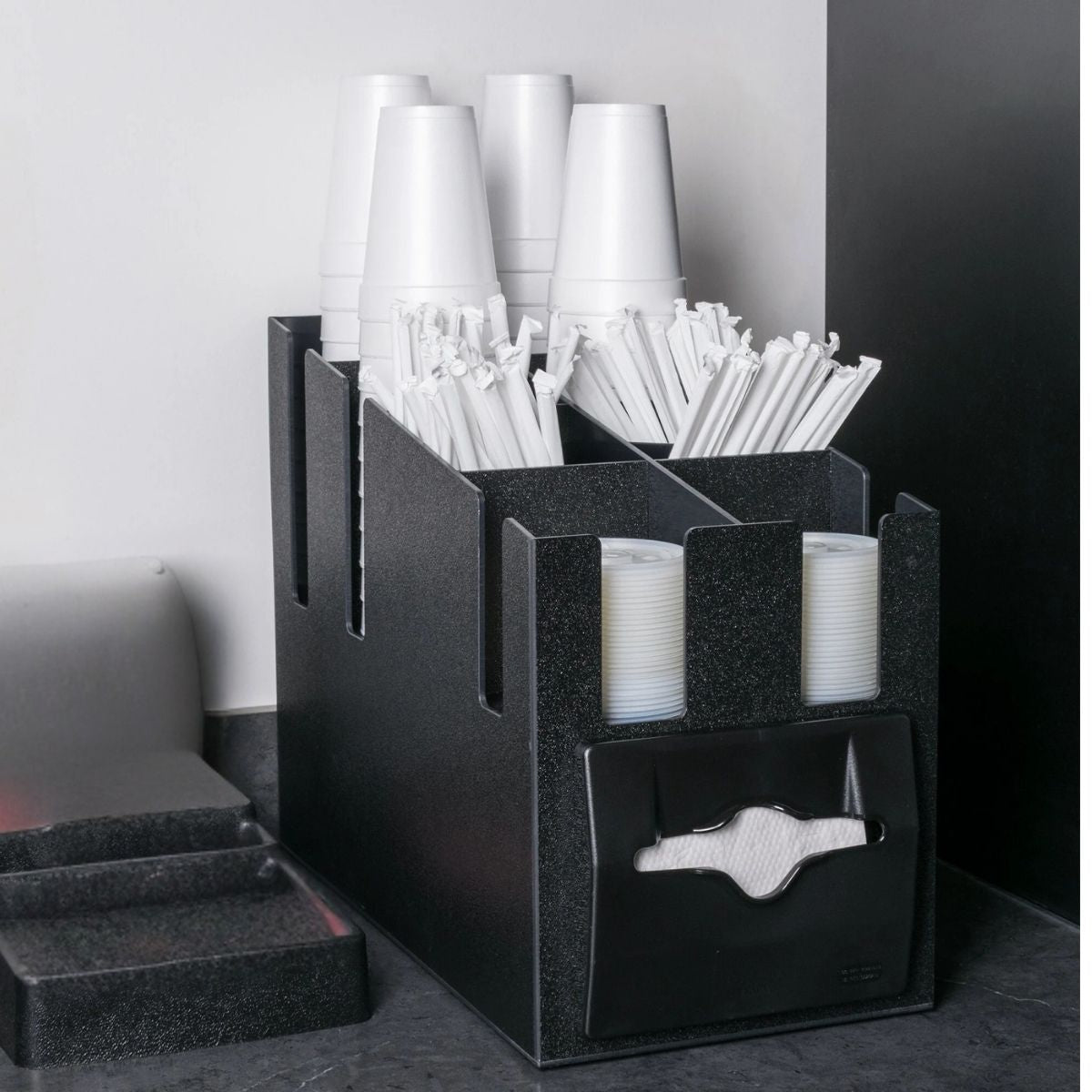 Vollrath CTNCLS-06 Napkin Dispenser 9-1/16"Wx19-1/4"Dx15-3/16"H Holds 100 Black ABS Napkins Cup Lid