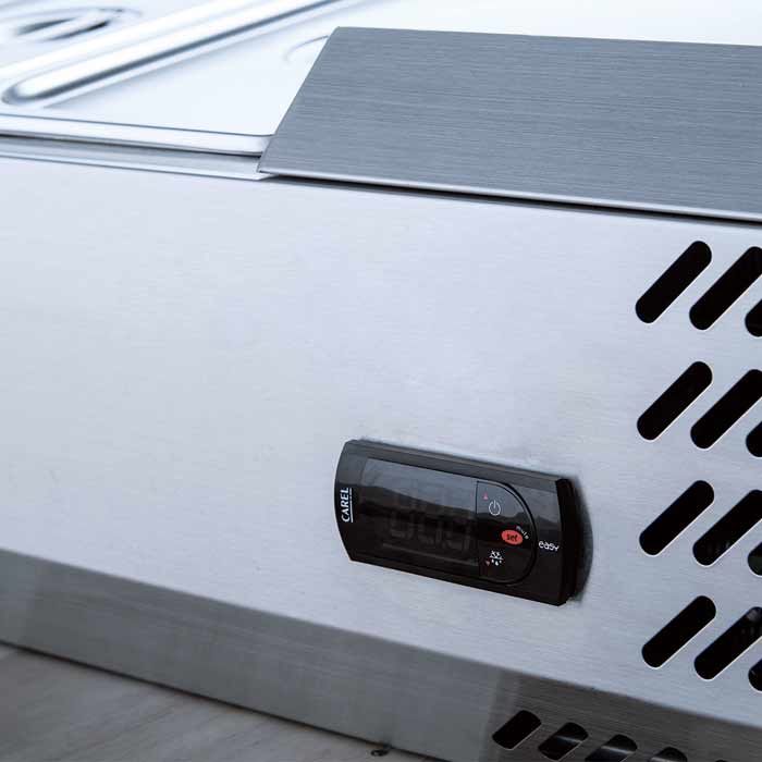 Coldline CTP70SS refrigerated countertop salad bar, digital temperature controller and vents, close-up