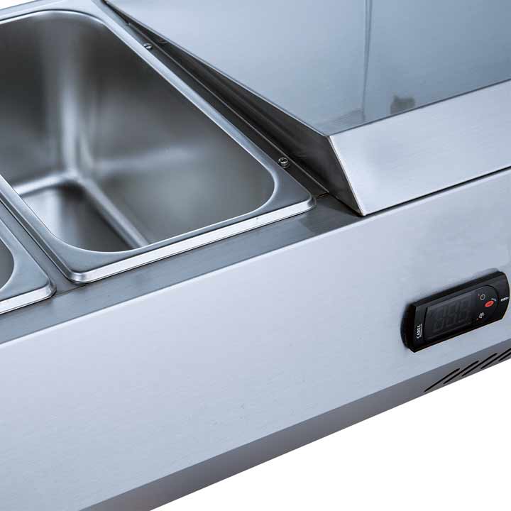Coldline CTP60SS refrigerated countertop salad bar, stainless steel pans in the rail, close-up