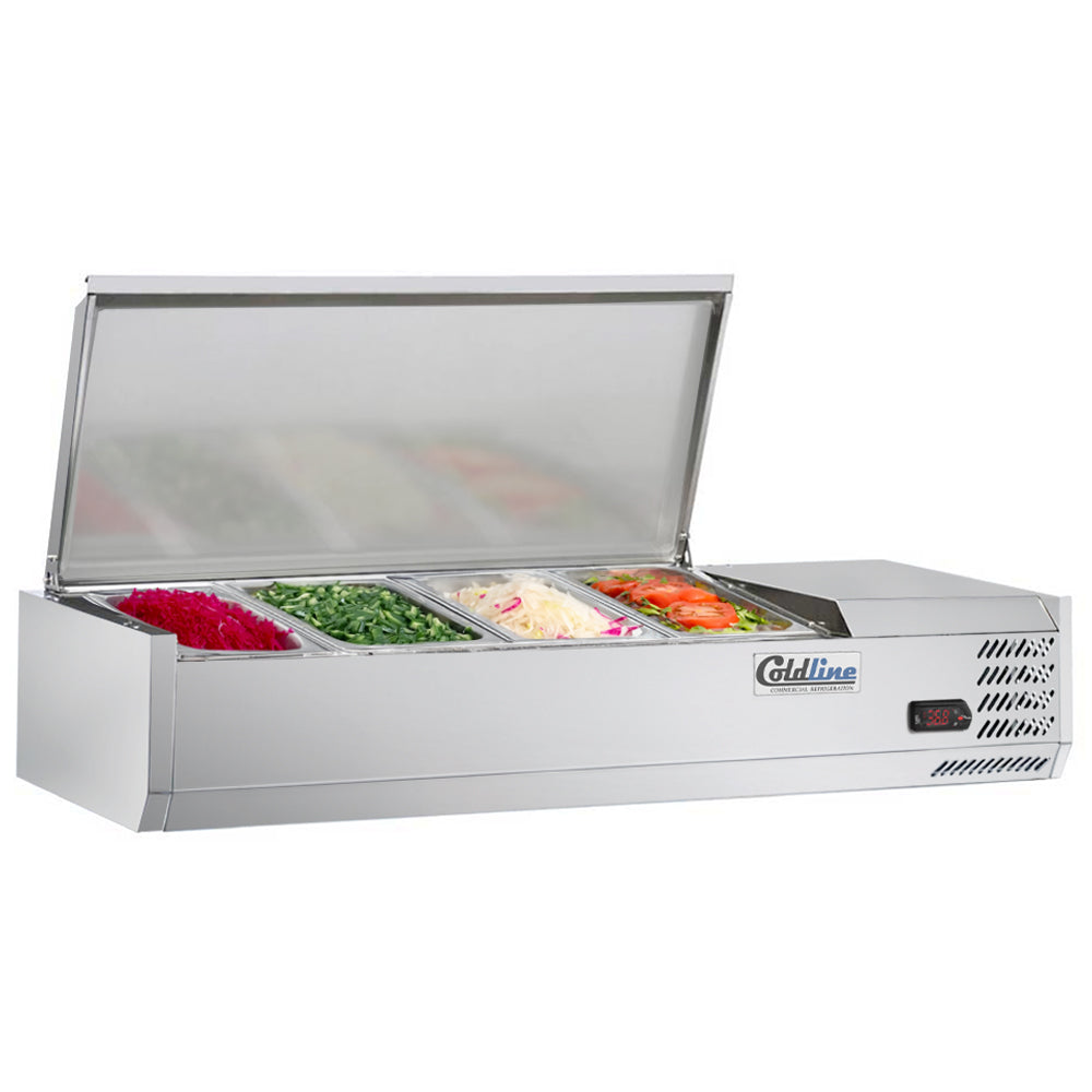 Coldline CTP48SS refrigerated countertop salad bar, cover open with toppings in the pans