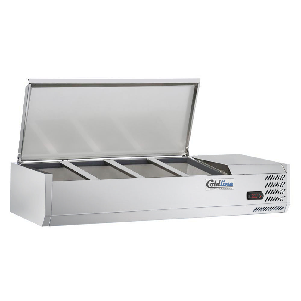 Coldline CTP48SS refrigerated countertop salad bar, front angled view, stainless steel cover open