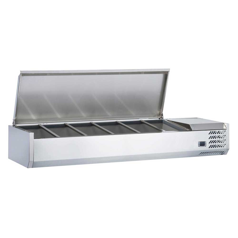Coldline CTP60SS refrigerated countertop salad bar, front angled view, stainless steel cover open