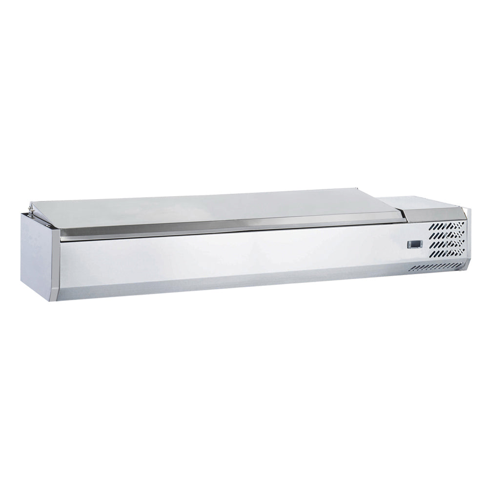 Coldline CTP70SS refrigerated countertop salad bar, front angled view, stainless steel cover closed