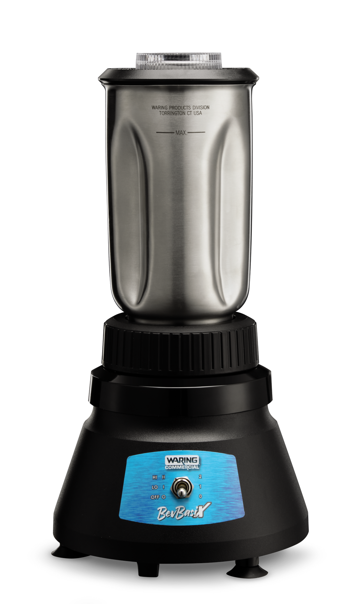 Waring BB145S BevBasix bar blender with 32 oz. stainless steel jar on a black base, front view
