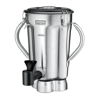 Waring CAC125 1-gallon stainless steel blender container with spigot and two handles, front view