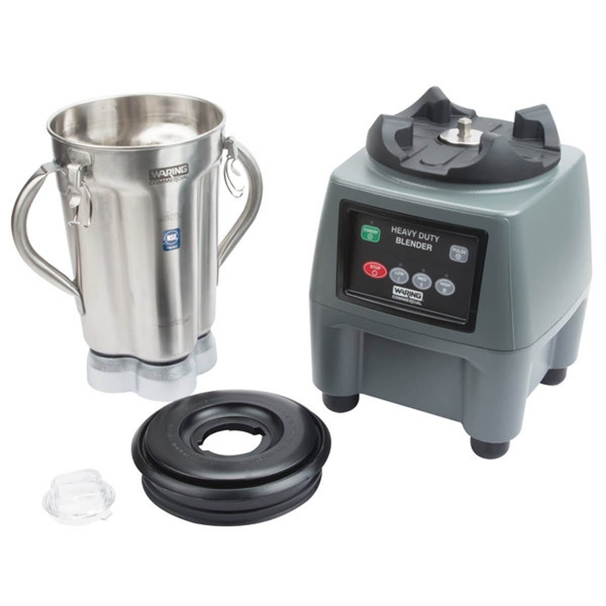 Waring CB15 stainless steel container, lid and motor base shown apart