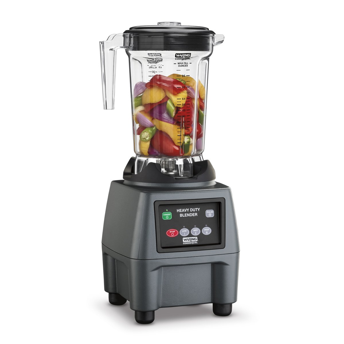 Waring CB15P 1-gallon food blender with copolyester container full of fruit, front view