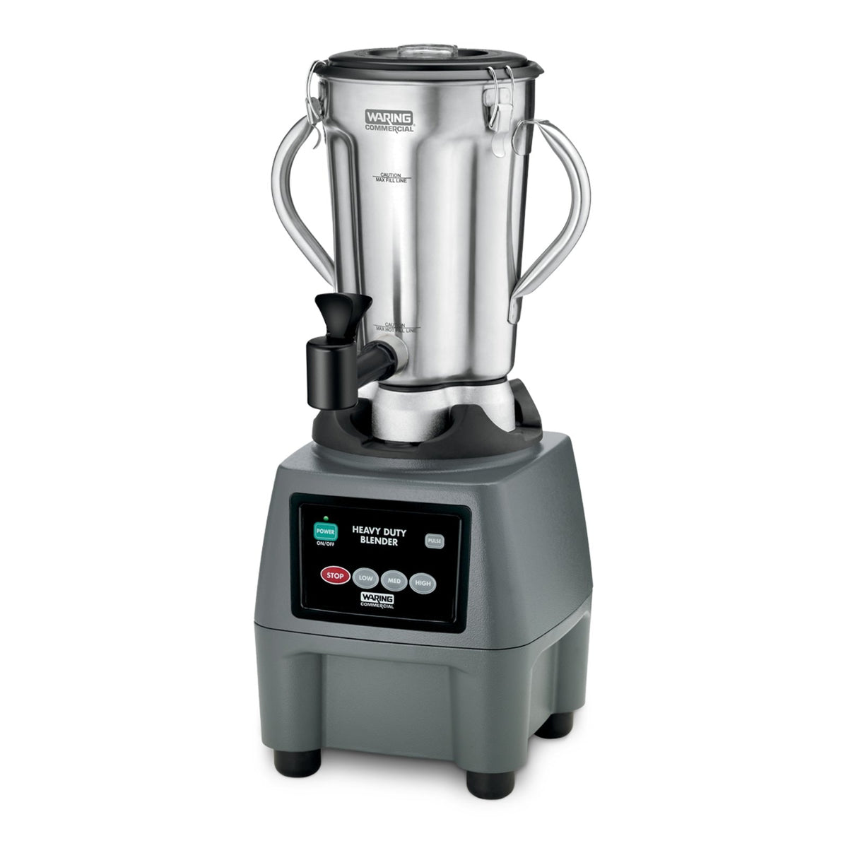 Waring CB15SF 1-gallon food blender with stainless steel spigot container, front view