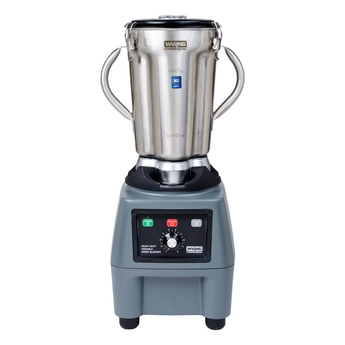 Waring CB15V variable-speed 1-gallon food blender with stainless steel container, front view