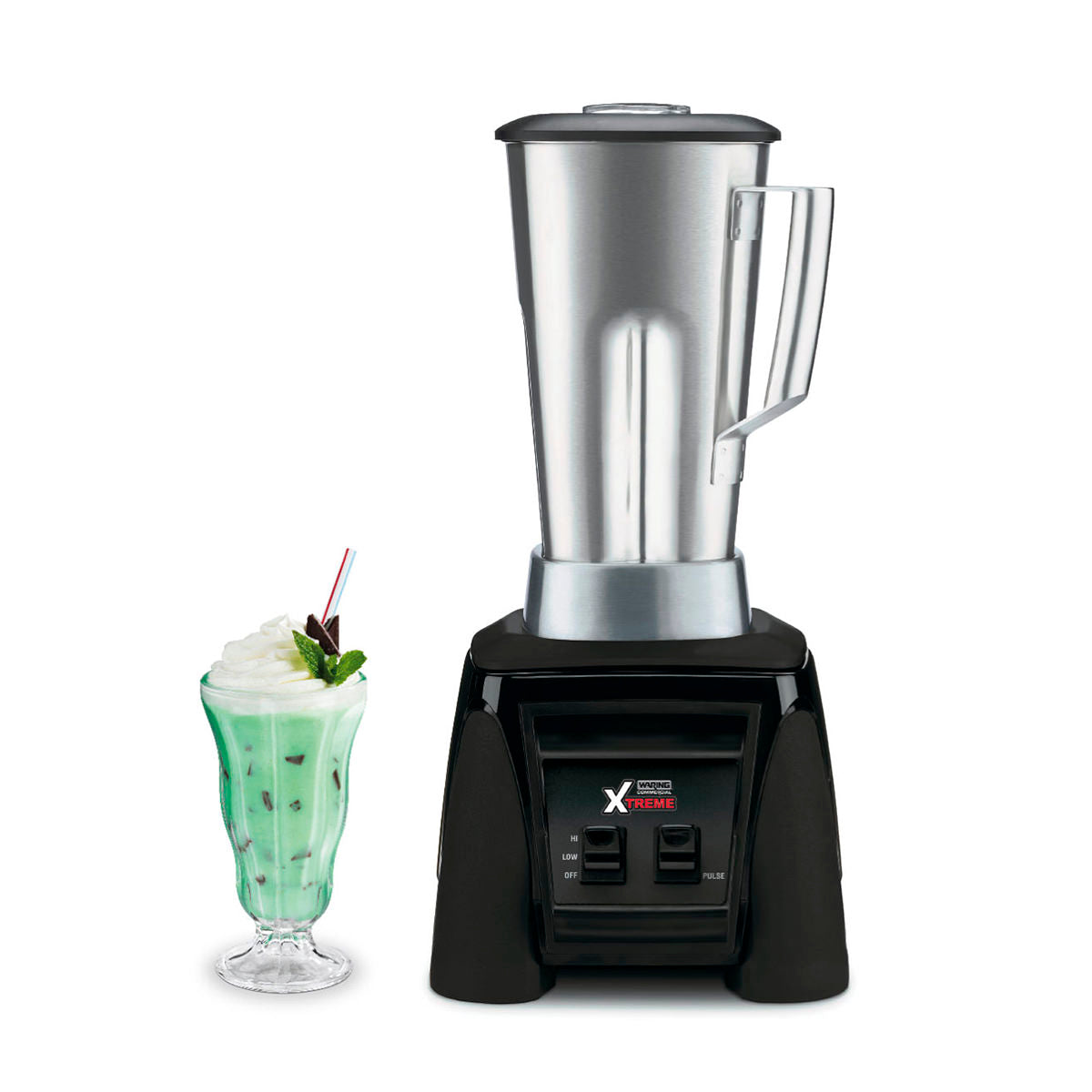 Waring MX1000XTS Xtreme blender with stainless steel container and a green shake