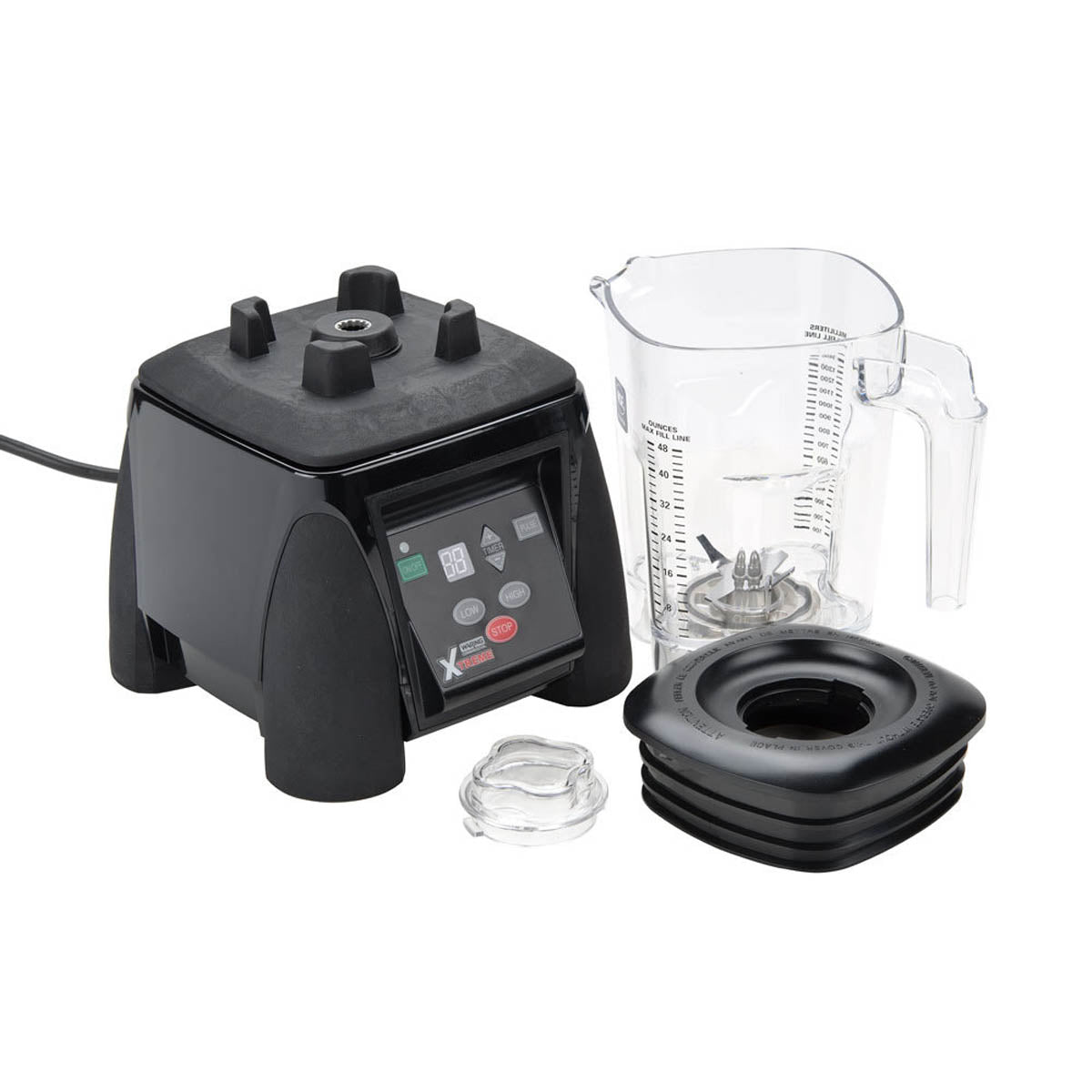 Waring MX1100XTXP motor base, copolyester container, lid and jar pad shown apart