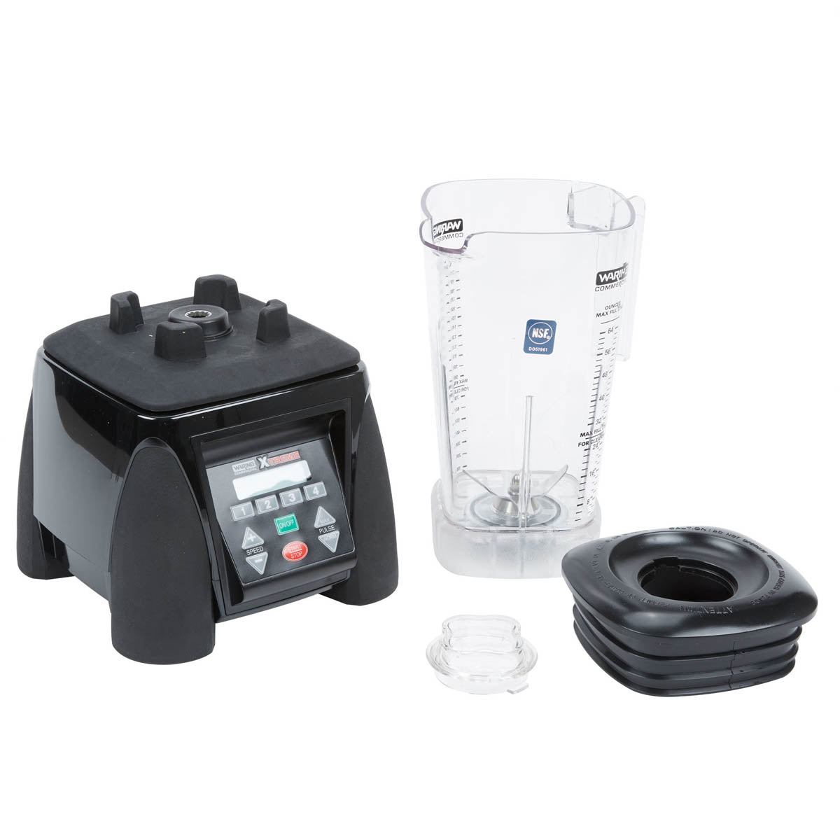 Waring MX1300XTX motor base, copolyester container, lid and jar pad shown apart