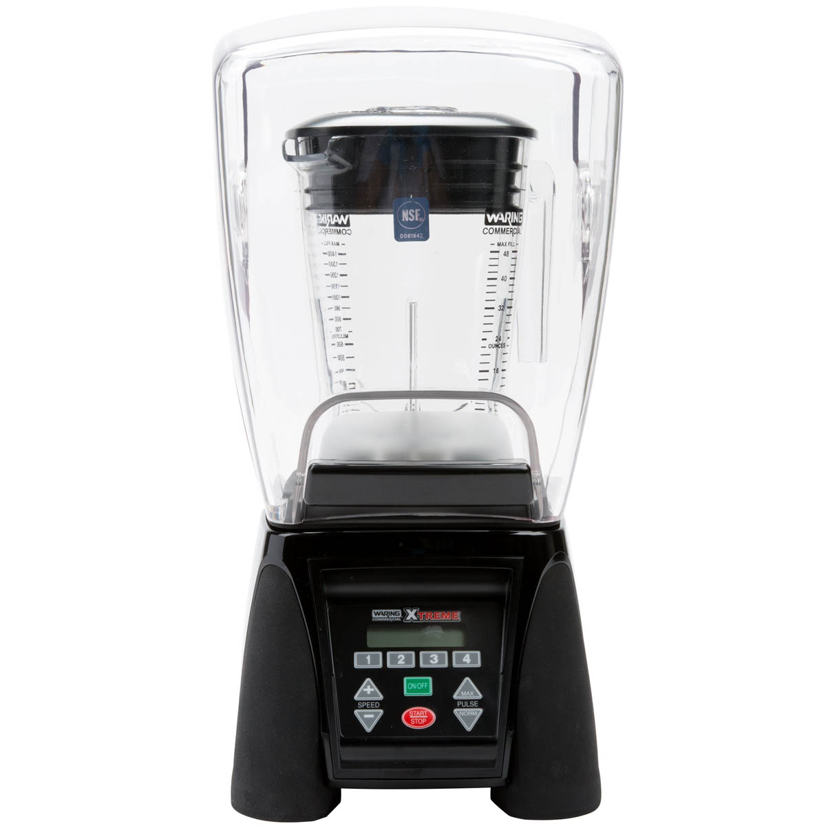 Waring MX1500XTXP Xtreme blender with 48 oz. copolyester container inside the sound enclosure, front view