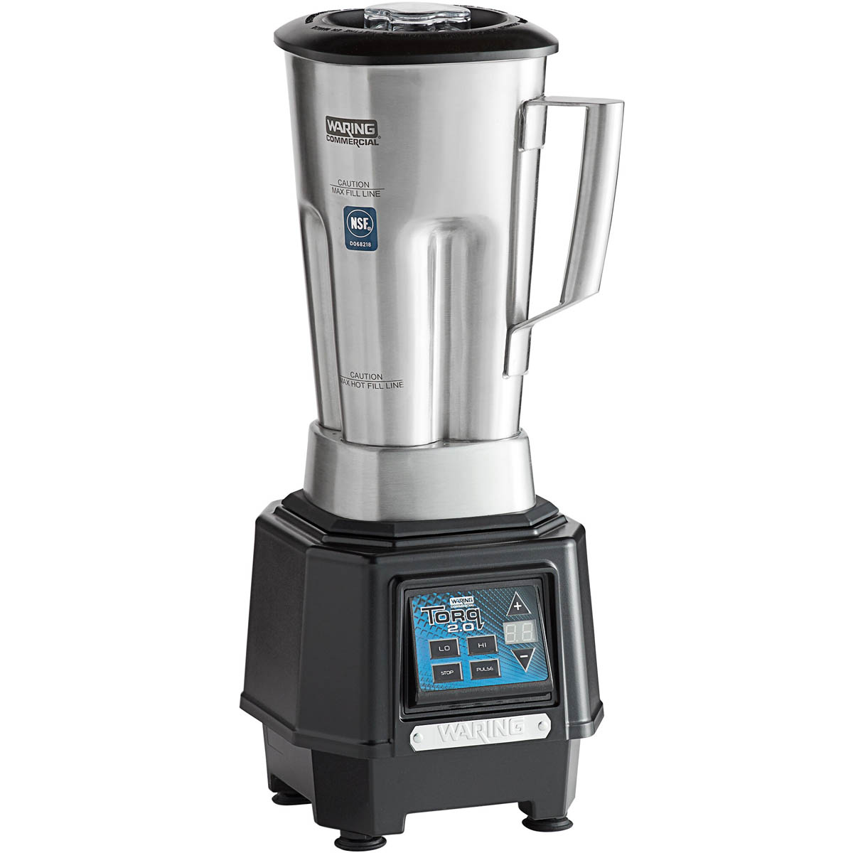 Waring TBB160S6 Torq 2.0 blender with 64 oz. stainless steel container, angled view