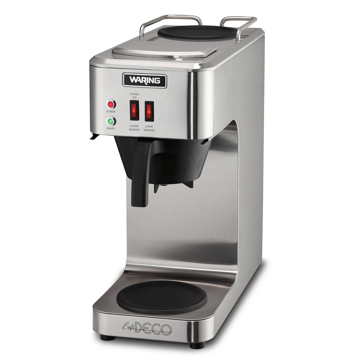 Waring WCM50 Café Deco pour-over coffee brewer, stainless steel, upper and lower warmers, angled front view, no decanters